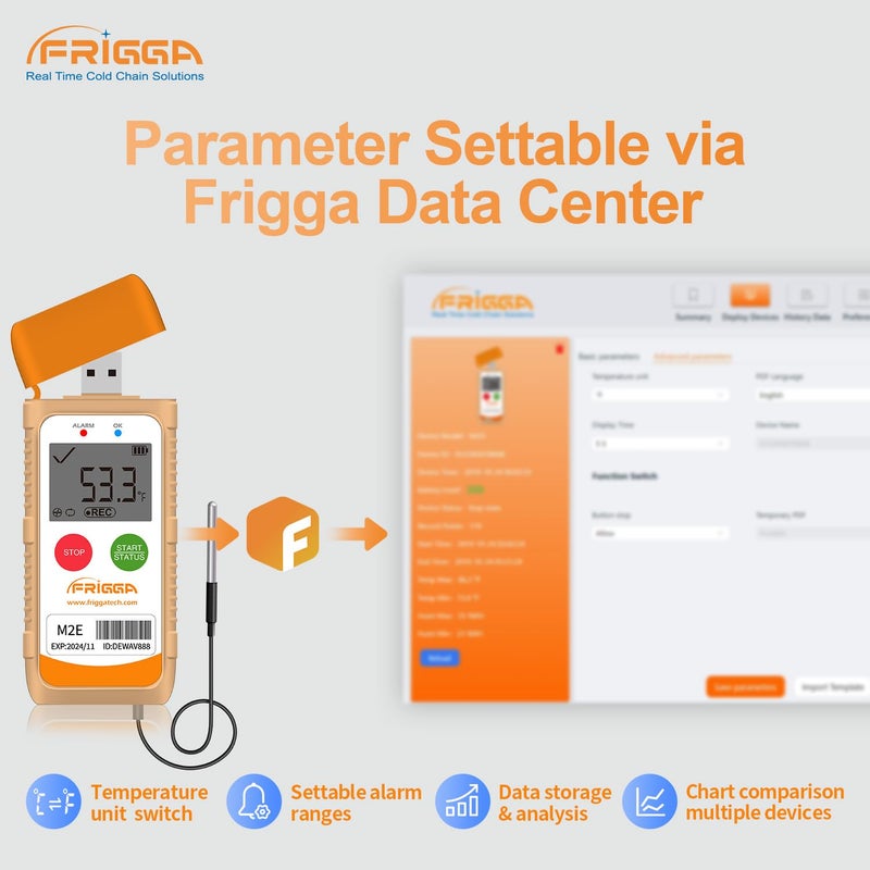 Frigga M2E Reusable Temperature Data Logger with External Probe Multi-Use Digital Refrigerator Thermometer USB 14400 Points High Accuracy Temperature Recorder PDF CSV Report - Image 3